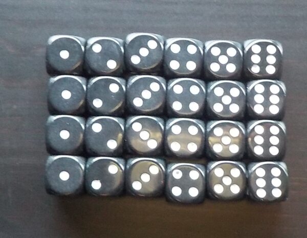Dice: 24x 16mm Black Dice with White Pips