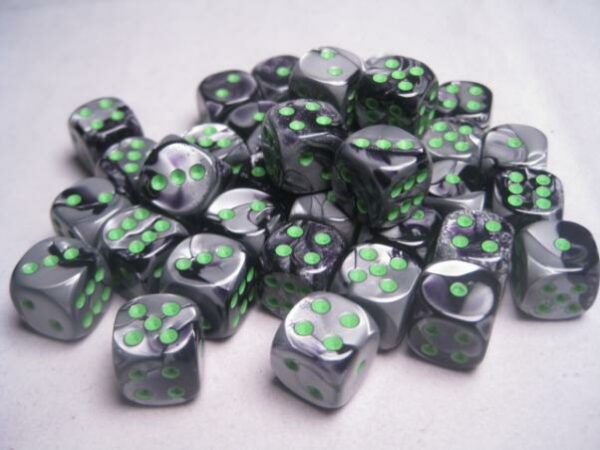 Dice: 12 - 16mm Gemini Black and Grey with Green