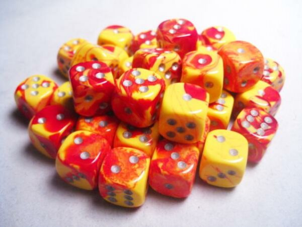Dice: 36 - 12mm Gemini Red and Yellow with Silver