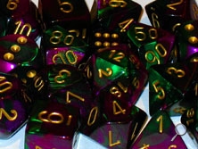 Dice: 12 - 16mm Green and Purple with Gold