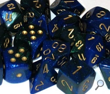Dice: 12 - 16mm Blue and Green with Gold