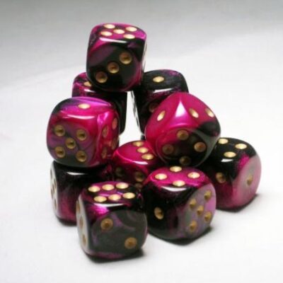 Dice: 12 - 16mm Black and Purple with Gold