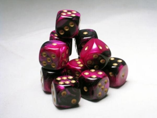 Dice: 12 - 16mm Black and Purple with Gold