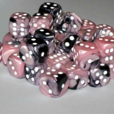 Dice: 36 - 12mm Gemini Black and Pink with White