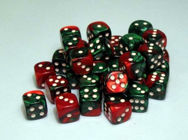 Dice: 36 - 12mm Gemini Green and Red with White