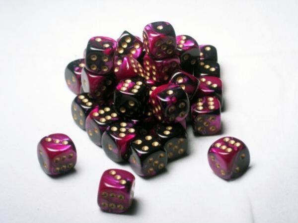 Dice: 36 - 12mm Gemini Black and Purple with Gold